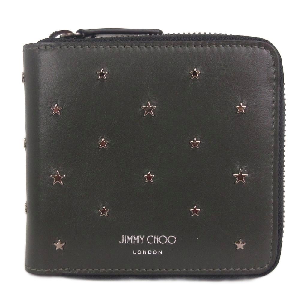 【中古】ジミーチュウ JIMMY CHOO コンパクトウォレット 財布 二つ折り ラウンドジップ スタッズ スター レザー ダークグリーン ☆AA★ ■FF レディース 【ベクトル 古着】 251209