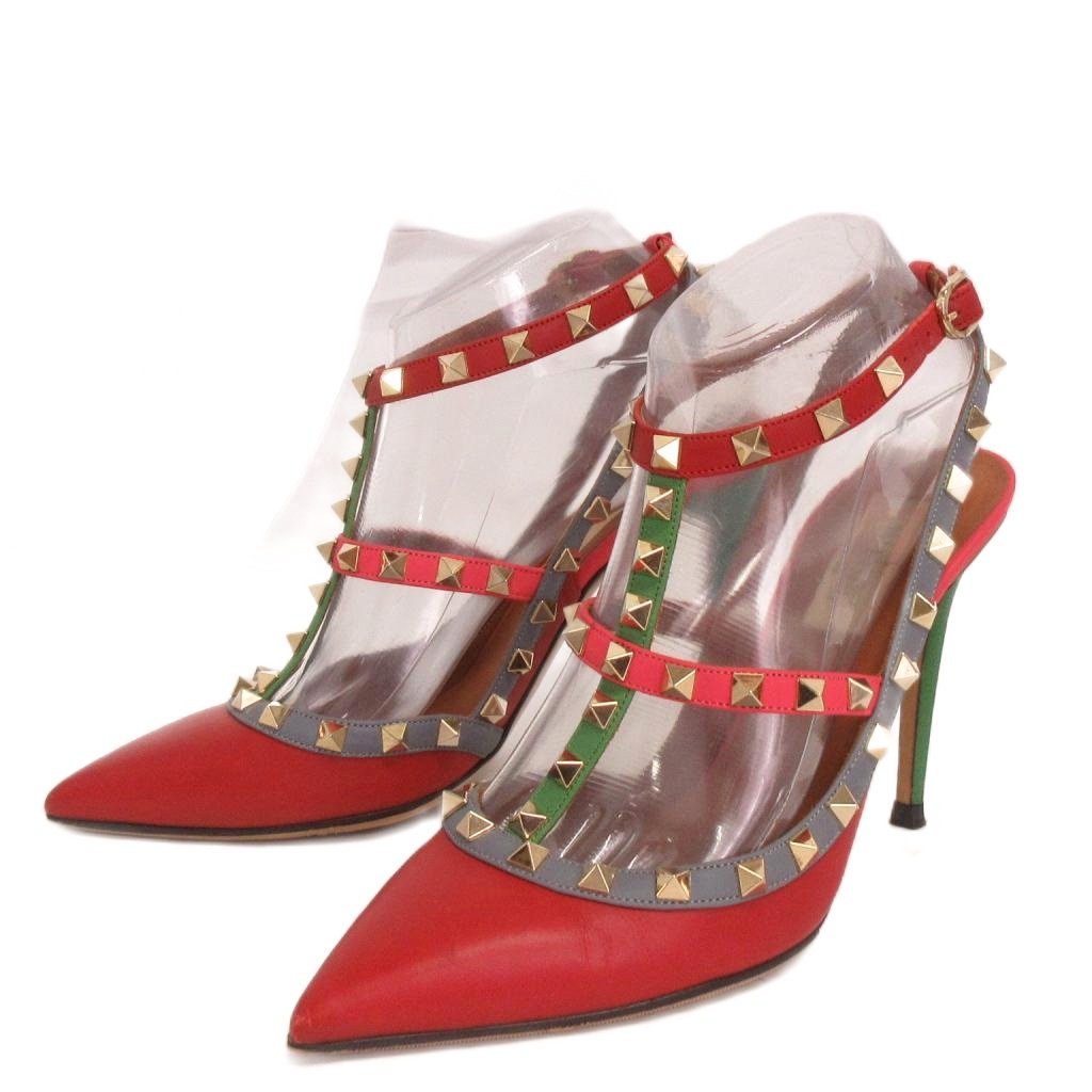 【中古】ヴァレンティノ ヴァレンチノ  VALENTINO パンプス ポインテッドトゥ スタッズ 赤 赤いこと 38 25珊位 靴 ■TC レディース 【ベクター 古着】 260204 靴-レディース靴