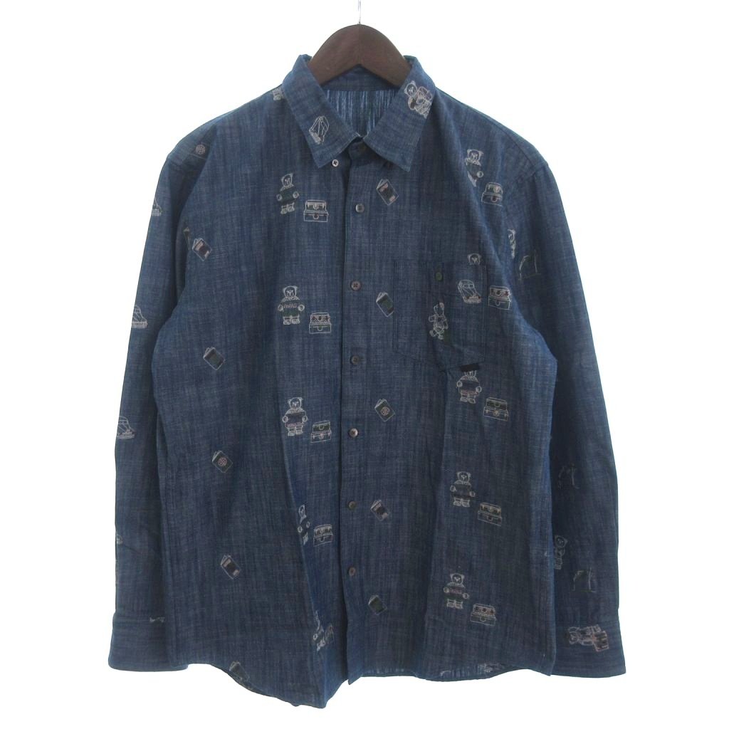【中古】パパス Papas 美品 総柄シャツ 長袖 クマ ベア ワールドツアー デニム 刺繍 D0421FBE301 青 ブルー M メンズ 【ベクトル 古着】 260210|ブランド古着ベクトルプレミアム店