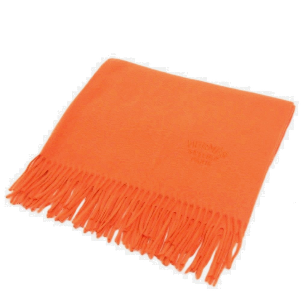 【中古】エルメス HERMES SELLIER PARIS えり巻き 袈裟 フリンジ 大判 カシミール オレンジ色 ☆AA★ レディース 【ベクター 古着】 260314