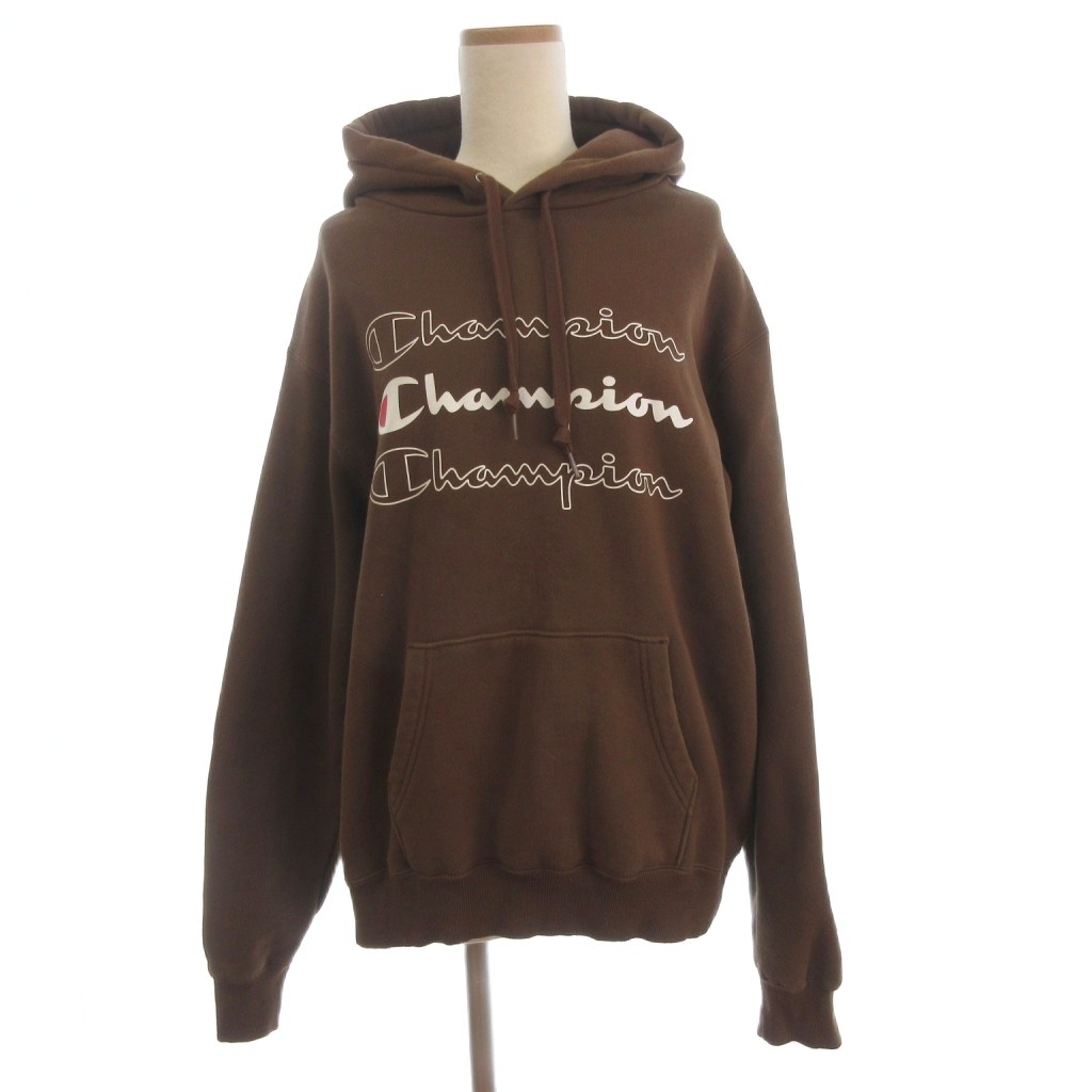 【中古】チャンピオン CHAMPION X-girl パーカー プルオーバー 長袖 裏起毛 プリント 茶 ブラウン M レディース 【ベクトル 古着】 260331