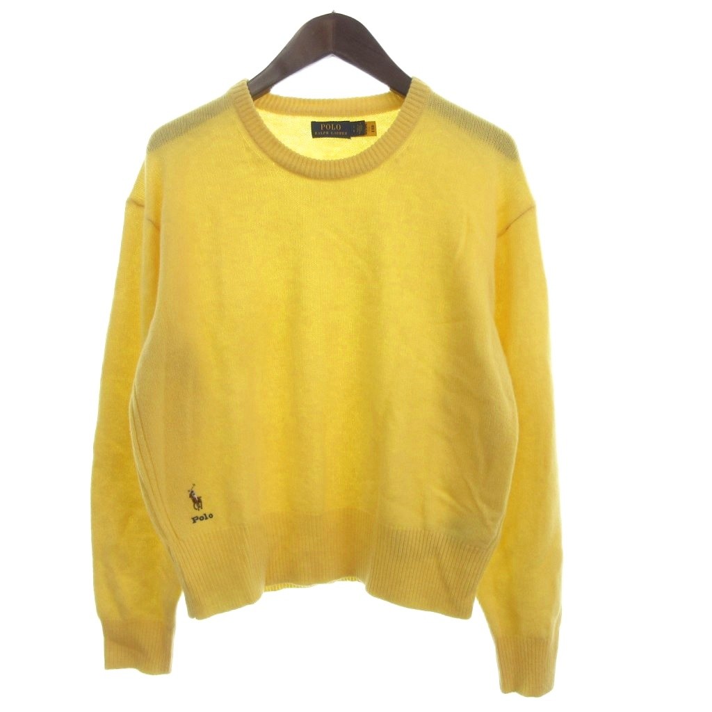 【中古】ポロ ラルフローレン POLO RALPH LAUREN 編み物 スウェーター 長袖 ワンポイント 刺しゅう ロゴタイプ カシミール混 黄 黄色 L メンズ 【ベクター 古着】 260406