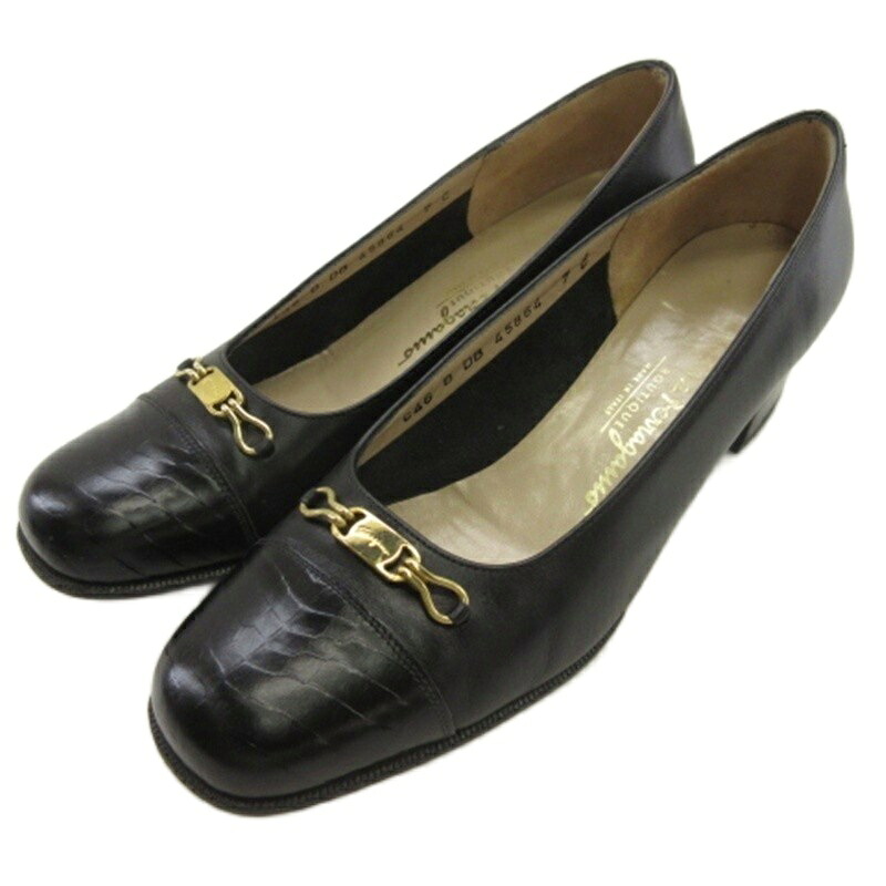 【中古】サルヴァトーレフェラガモ Salvatore Ferragamo ロゴタイプ一皿 パンプス 置き目踵 黒いこと 7 ■GY62 レディース 【ベクター 古着】 260406 パンプス-靴