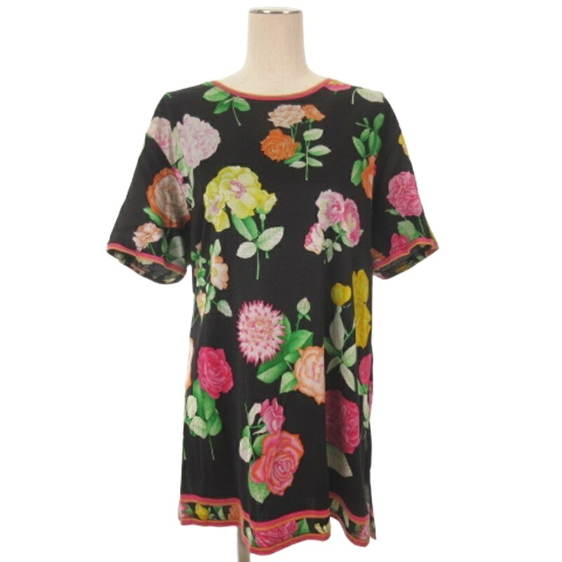 【中古】レオナール LEONARD FASHION 花柄 チュニック 半袖 ブラック M レディース 【ベクトル 古着】 260619｜ブランド古着ベクトルプレミアム店
