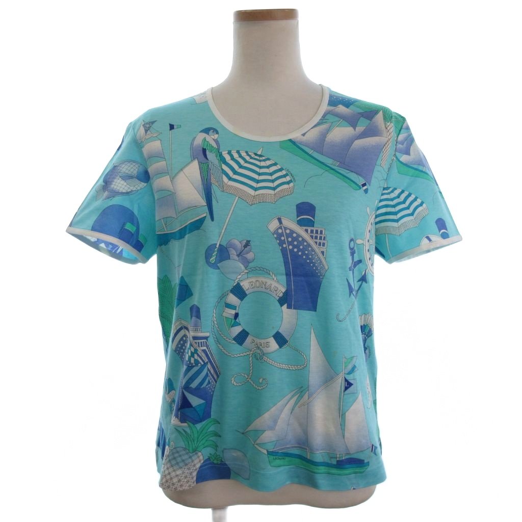 【中古】レオナールスポーツ LEONARD SPORT カットソー Tシャツ 半袖 トリム マリン柄 青 ブルー系 M ■ECT レディース 【ベクトル 古着】 250906