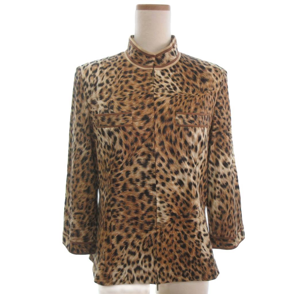 【中古】レオナール LEONARD FASHION ジップアップ ジャケット ヒョウ柄 七分袖 ブラウン系 L ■ECT レディース 【ベクトル 古着】 260120