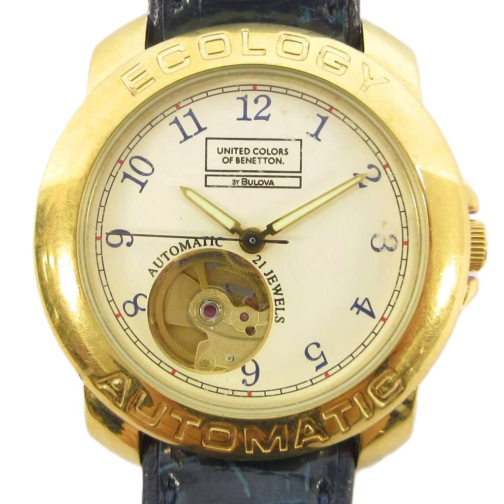【中古】ブローバ BULOVA ユナイテッドカラーズオブベネトン 腕時計 自動巻 裏蓋スケルトン レザーベルト ゴールドカラー メンズ 【ベクトル 古着】 260630｜ブランド古着ベクトルプレミアム店