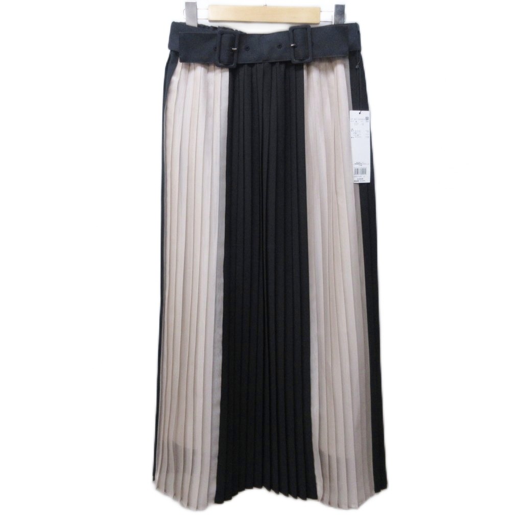 【中古】アドーア ADORE タグ付 23AW クリアドライスカート プリーツ 切替 バイカラー ベルトモチーフ ロング マキシ 38 約M ベージュ ブラック 1124 【ベクトル 古着】 251124