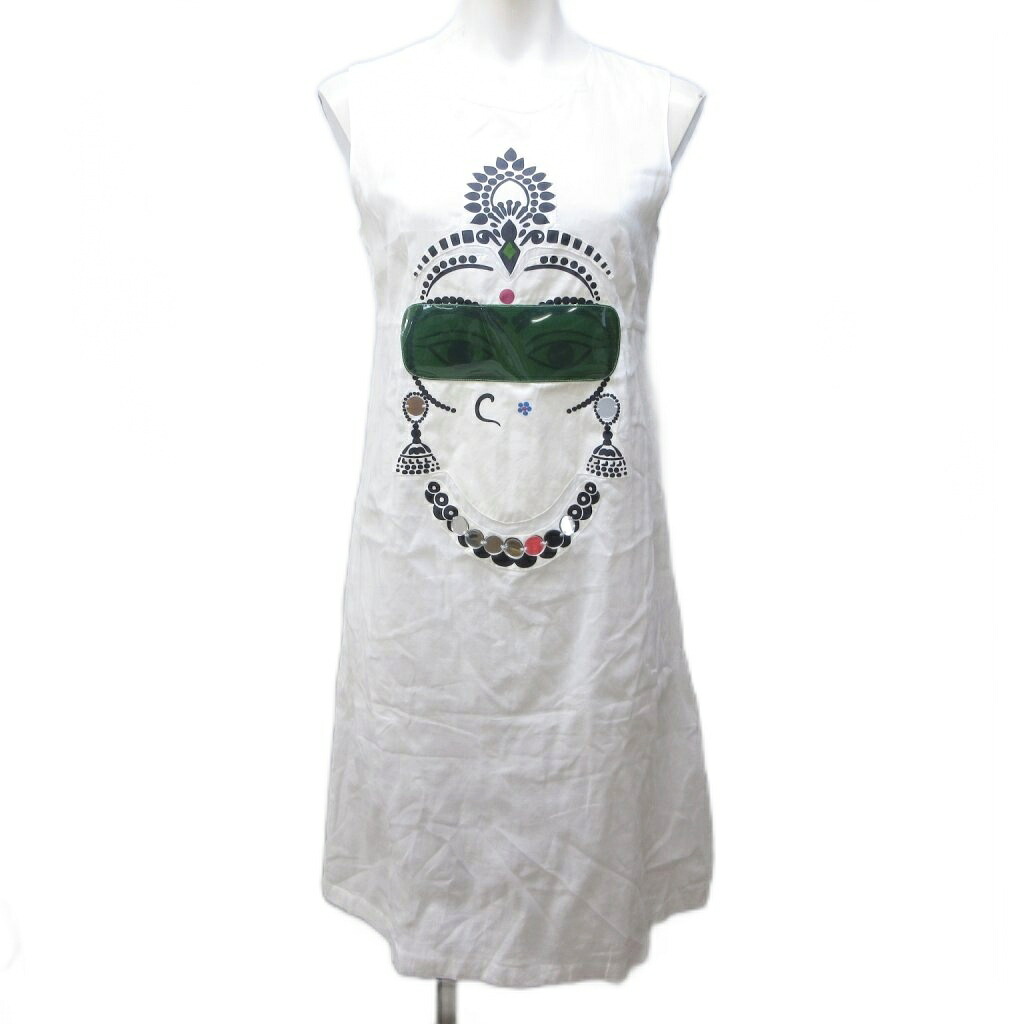 【中古】ミュウミュウ miumiu 05SS Archive ワンピース プリント パッチ ビジュー デザイン ノースリーブ ひざ丈 38 約S 白 ホワイト 1202 レディース 【ベクトル 古着】 251202｜ブランド古着ベクトルプレミアム店