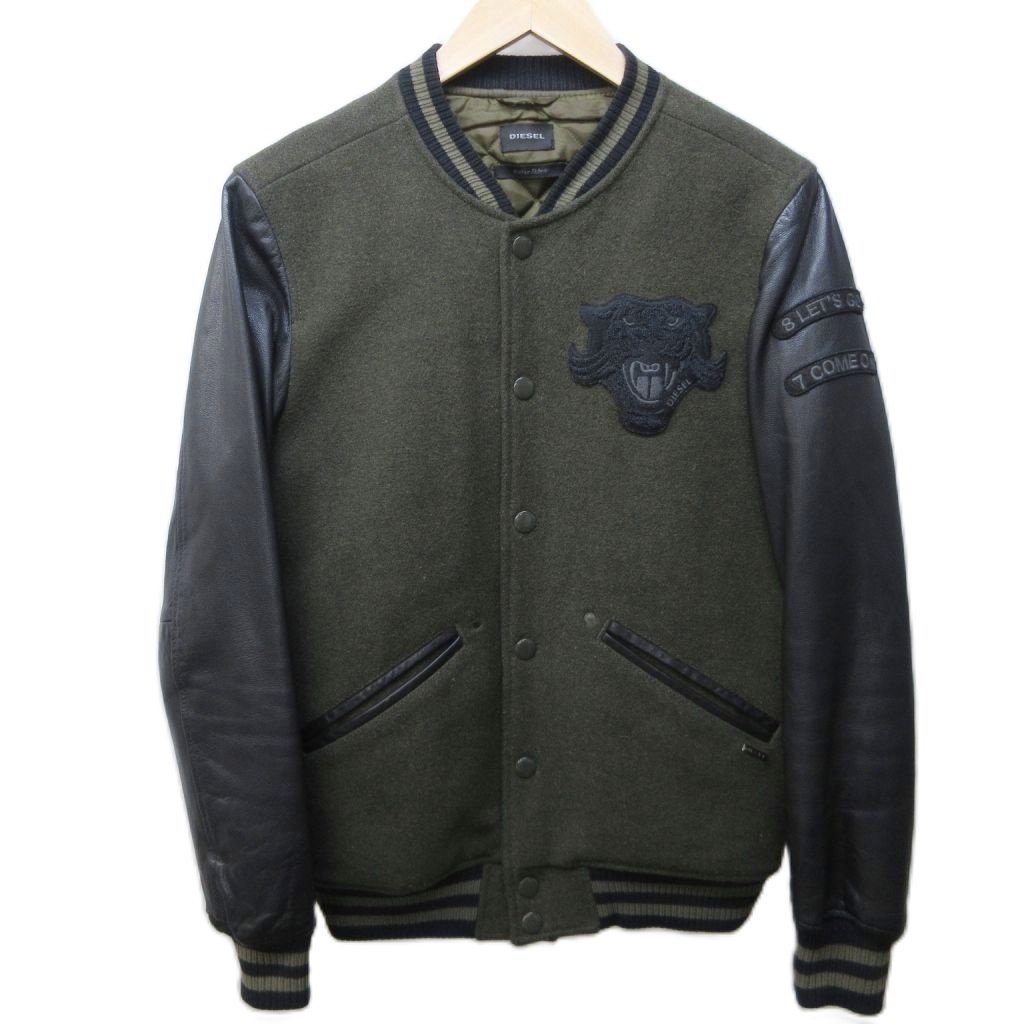 【中古】ディーゼル DIESEL スタジャン 闘技場前掛け 上衣 袖ゴートレザー うつり変わり 虎 ロゴタイプ 紋章 S カーキ 緑であること 黒いこと 系 0105 メンズ 【ベクター 古着】 260105
