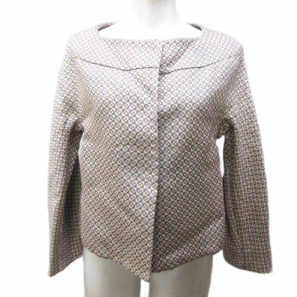 【中古】マルニ MARNI ノーカラージャケット 総柄 ジャカード シルク混 ウール混 ショート丈 42 約L ブラウン ベージュ 系 IBO89 0221 レディース 【ベクトル 古着】 260221