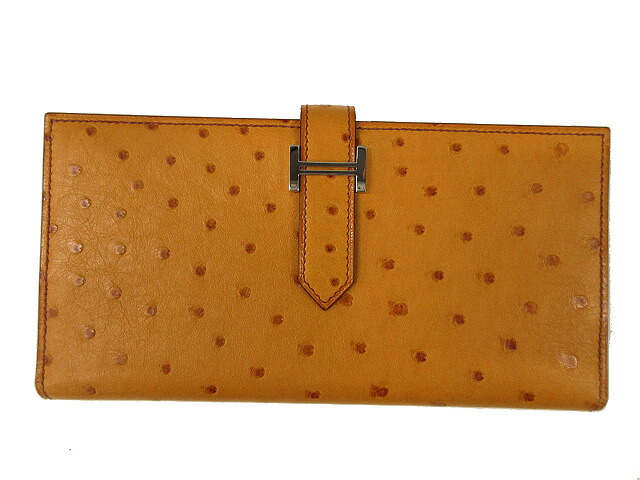 【中古】エルメス HERMES BEARN ベアン オーストリッチレザー 長金入れ 2つ折り C目じるし ロングウォレット 赤銅色 本革 ★AA☆ メンズ レディース 【ベクター 古着】 240722