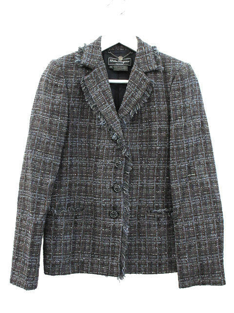 【中古】サルヴァトーレフェラガモ Salvatore Ferragamo ファンシーツイード ジャケット テーラード 40 ブルー系 ブラウン系 アウター 上着 レディース 【ベクトル 古着】 250728|ブランド古着ベクトルプレミアム店