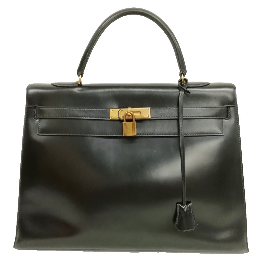 【中古】エルメス HERMES ケリー 35 外仕立てもの ◯J目じるし ボックスカーフ 黒いこと ゴールド金具 1980年製 ヴィンテージ ☆AA★ レディース 【ベクター 古着】 260604
