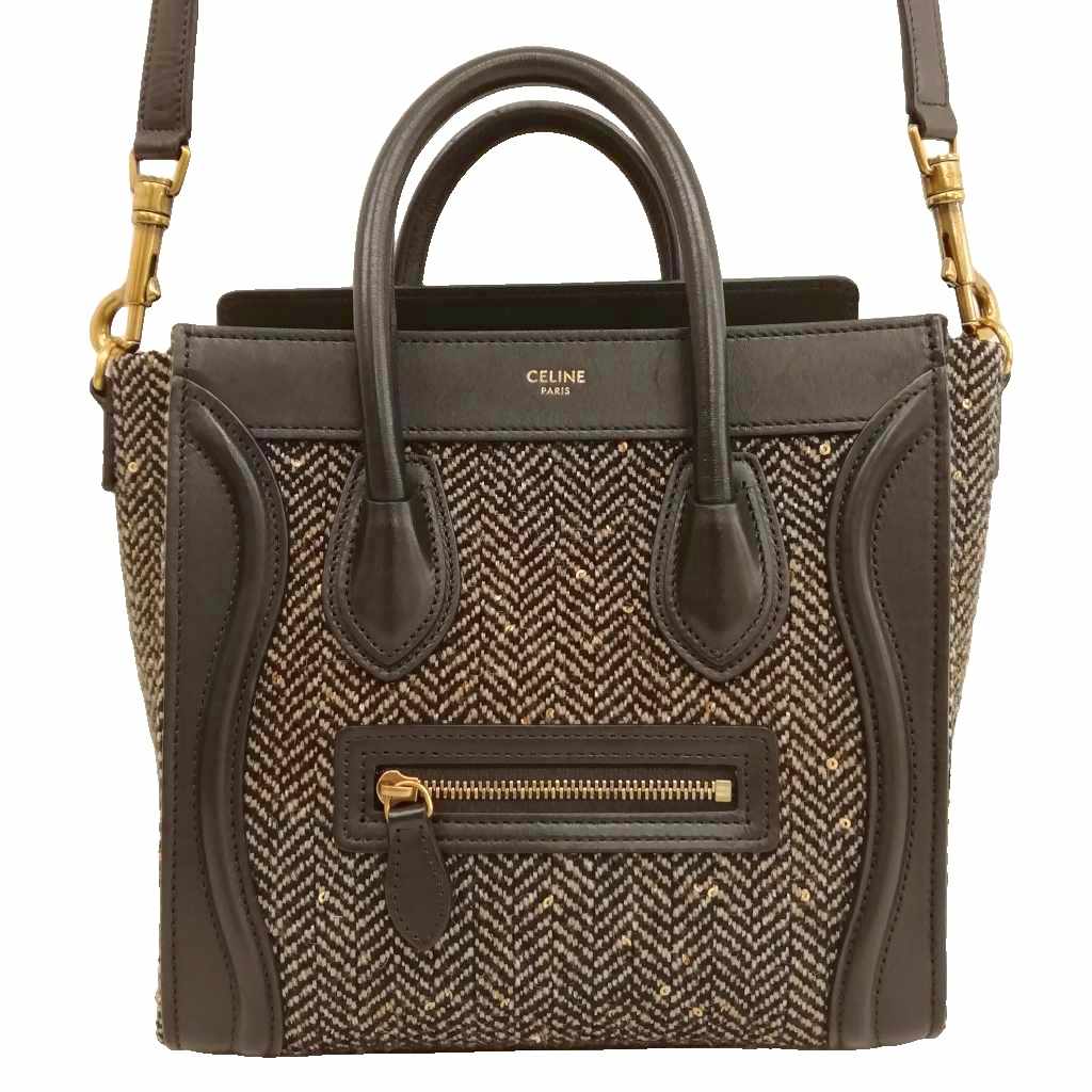 【中古】セリーヌ CELINE ラゲージ ナノ ツイード レザー 2way ハンドバッグ ショルダーバッグ ブラック ベージュ レディース 【ベクトル 古着】 260716｜ブランド古着ベクトルプレミアム店