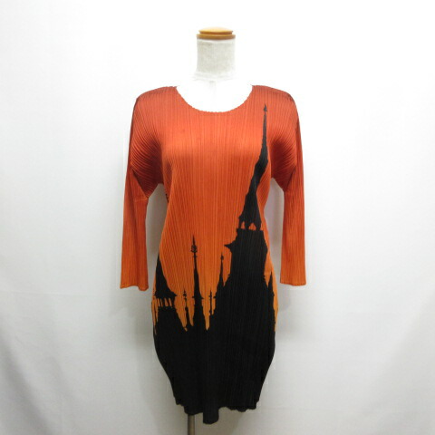 【中古】プリーツプリーズ PLEATS PLEASE ISSEY MIYAKE 長袖 プリーツ ワンピース お城 キャッスル 3 オレンジブラウン PP91-JK504 グラデーション プリント 日本製 イッセイミヤケ レディース 【ベクトル 古着】 251027
