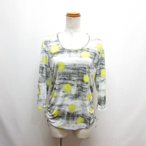 【中古】ヒロココシノ HIROKO KOSHINO 美品 ドット柄 七分袖 シアー カットソー Tシャツ 40 グレー系 サイドシャーリング 日本製 レディース 【ベクトル 古着】 260414
