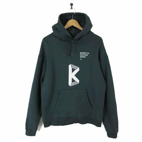 【中古】ブルックリンマシンワークス Brooklyn Machine Works 17AW 限定 フードパーカー フーディ スウエット Hoodie ロゴ プリント プルオーバー パーカ 古着 M ダークグリーン 深緑 レア 希少 日本製 メンズ