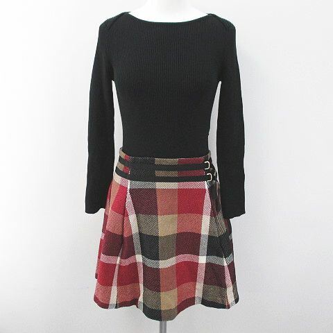 中古 ブルーレーベルクレストブリッジ Blue Label Crestbridge チェック柄 長袖 膝上 ミニ フレアワンピース 36 黒系 ブラック リブ 綿 コットン 裏地 レディース ベクトル 古着 Ice Org Br