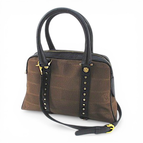 【中古】ヴェルサーチ ヴェルサーチェ VERSACE ハンドバッグ ショルダー 2WAY ジャガード織り スタッズ ブラウン 茶 キャンバス地 レザー レディース 【ベクトル 古着】 260309