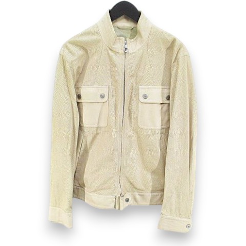 【中古】サルヴァトーレフェラガモ Salvatore Ferragamo レザージャケット パンチング 本革 50 ベージュ系 イタリア製 シースルー 透け感 ジップアップ メンズ 【ベクトル 古着】 260410｜ブランド古着ベクトルプレミアム店