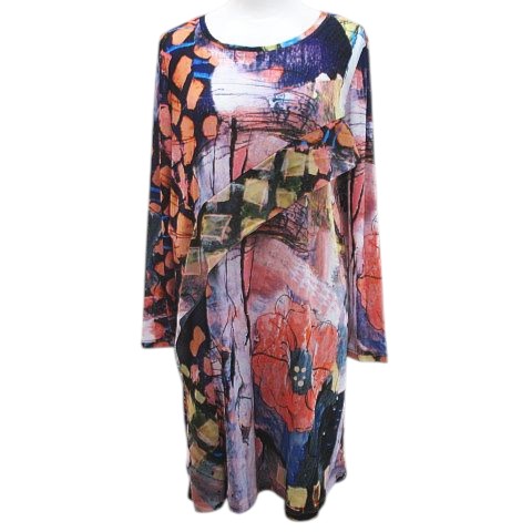 【中古】ヒロココシノ HIROKO KOSHINO アートプリントチュニックドレス 40 マルチカラー 総柄 フリル 伸縮性 日本製 レディース 【ベクトル 古着】 260412