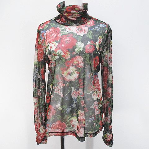 【中古】インゲボルグ INGEBORG 花柄 長袖 シアー カットソー 4/11号 黒系 黒いこと ハイネック ギャザー 伸縮性 日本製 レディース 【ベクター 古着】 260521