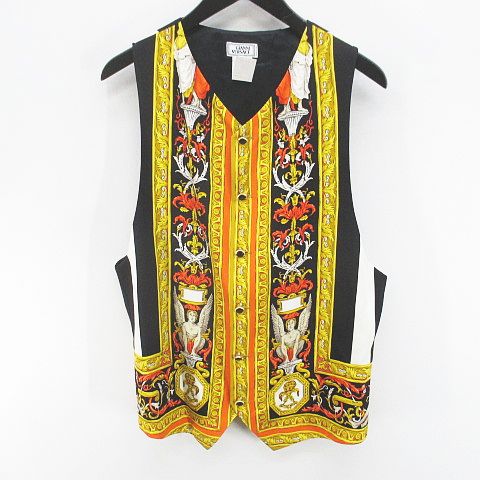 【中古】ジャンニヴェルサーチ ヴェルサーチェ GIANNI VERSACE ストライプ柄 ベスト ジレ 絹 シルク 48 黒系 ブラック イタリア製 裏地 総柄 メンズ 【ベクトル 古着】 260720|ブランド古着ベクトルプレミアム店