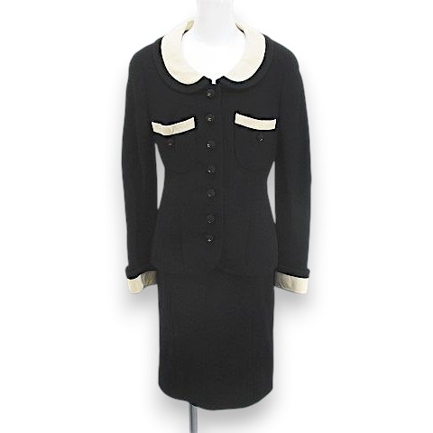 【中古】シャネル CHANEL ヴィンテージ セットアップ ジャケット 膝丈 タイトスカート スカート 絹 シルク 36 黒系 ブラック フランス製 毛 ウール 裏地 レディース 【ベクトル 古着】 260713|ブランド古着ベクトルプレミアム店
