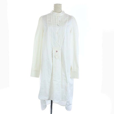 中古 アレキサンダーマックイーン Alexander Mcqueen シャツ ワンピース ロングシャツ ミモレ ロング 長袖 前面プリーツ イカ胸 シルク混 ロゴ刺 38 L 白 ホワイト An31 レディース ベクトル 古着 Angliaacademy Com