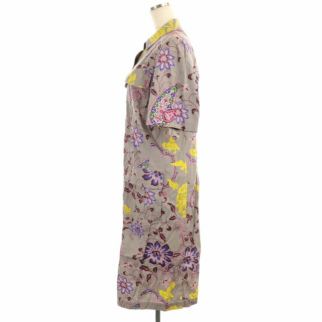中古 エトロ Etro シャツワンピース 五分袖 ロング ミモレ 総柄 花柄 44 L グレー 黄色 ボルドー Pj Ec レディース ベクトル 古着 Sgcc Bm