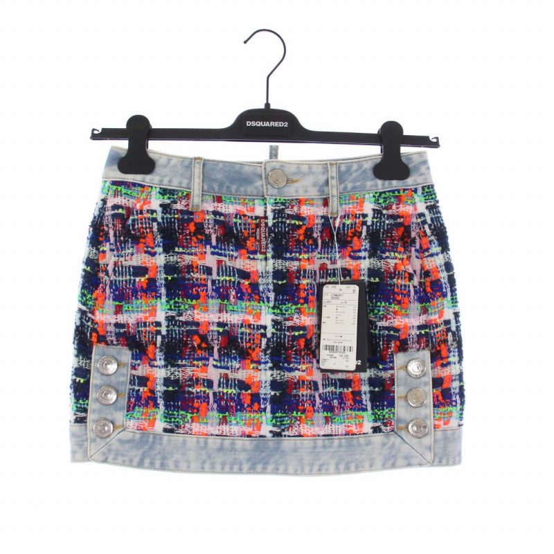 【中古】未使用品 ディースクエアード DSQUARED2 ツイード デニム 切替 タイトスカート ミニ 38 M マルチカラー /KH ■GY29 レディース 【ベクトル 古着】 240118