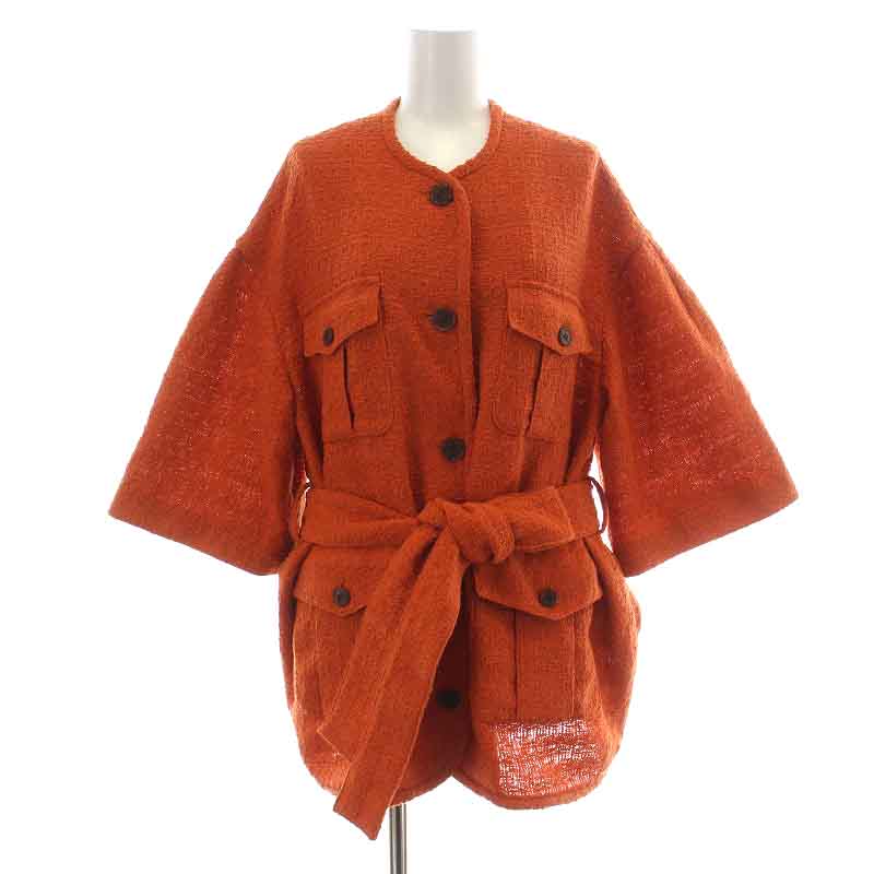 【中古】クラネ CLANE ハーフスリーブツイードジャケット HALF SLEEVE TWEED JACKET ノーカラー リボンベルト 五分袖 2 L オレンジ 16103-0462 /NW5 レディース 【ベクトル 古着】 240617