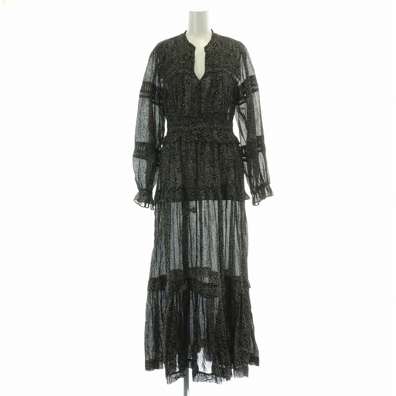 【中古】イザベル マラン エトワール ISABEL MARANT ETOILE フレアワンピース マキシ ロング 長袖 スキッパー 花柄 総柄 インナーキャミソール 34 XXS 黒 ブラック /BB レディース 【ベクトル 古着】 250112