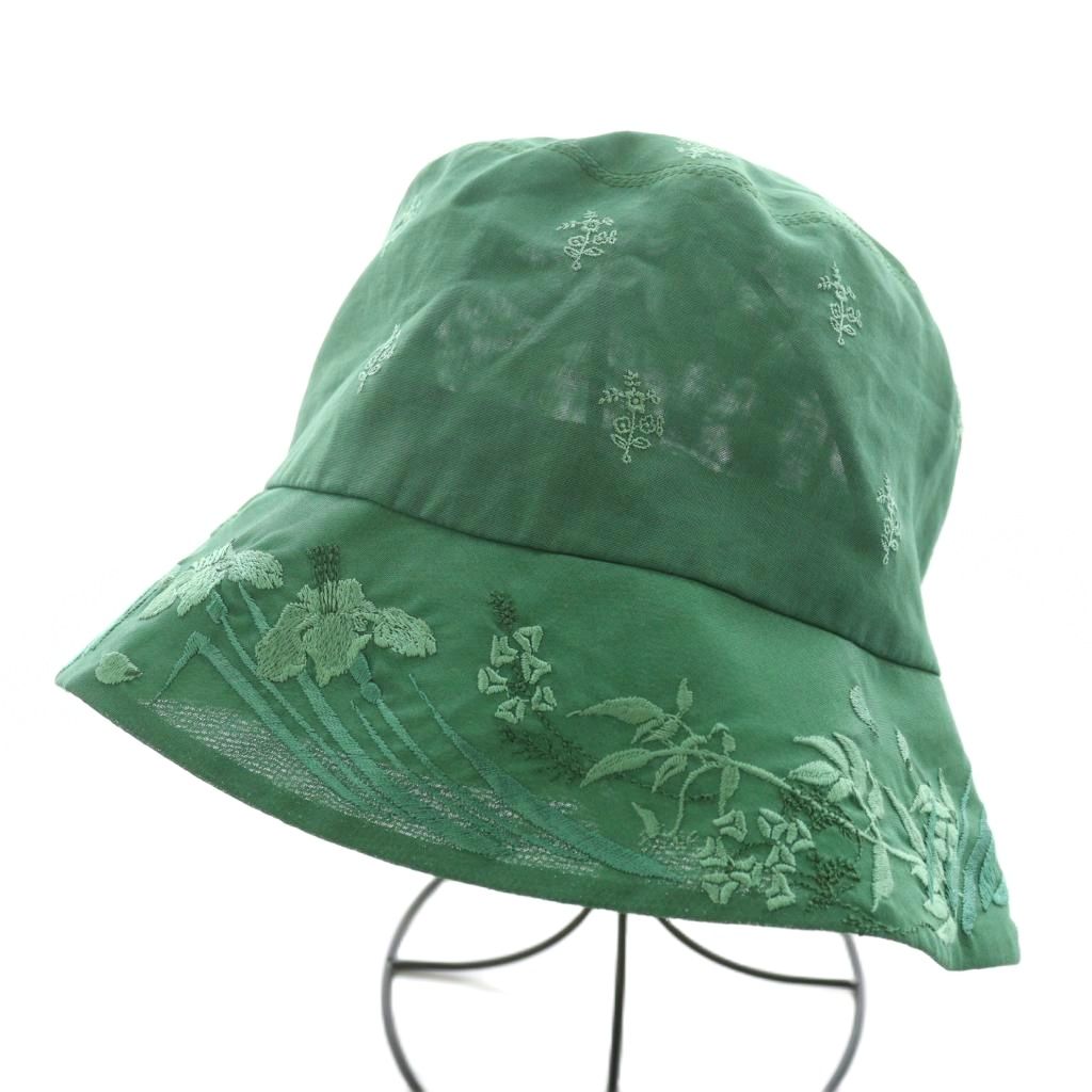 【中古】マメクロゴウチ  Mame Kurogouchi 23SS Floral Embroidered Bucket Hat 井戸釣瓶かぶり笠 鳥打ち帽 花刺しゅう シアー カクテルドレスルー 57珊 緑 緑であること MM23SS-AC506 /AN2 レディース 【ベクター 古着】 250821 レディース帽子-バッグ・小物・ブランド雑貨-帽子