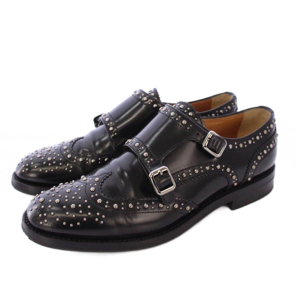 【中古】教会堂 church\u0027s Lana Met ラナメット 置き目毛革 モカシン モンクストラップ スタッズ なめし革 37 黒 DO0002 /KH レディース 【ベクター 古着】 250905 ローファー-レディース靴-靴
