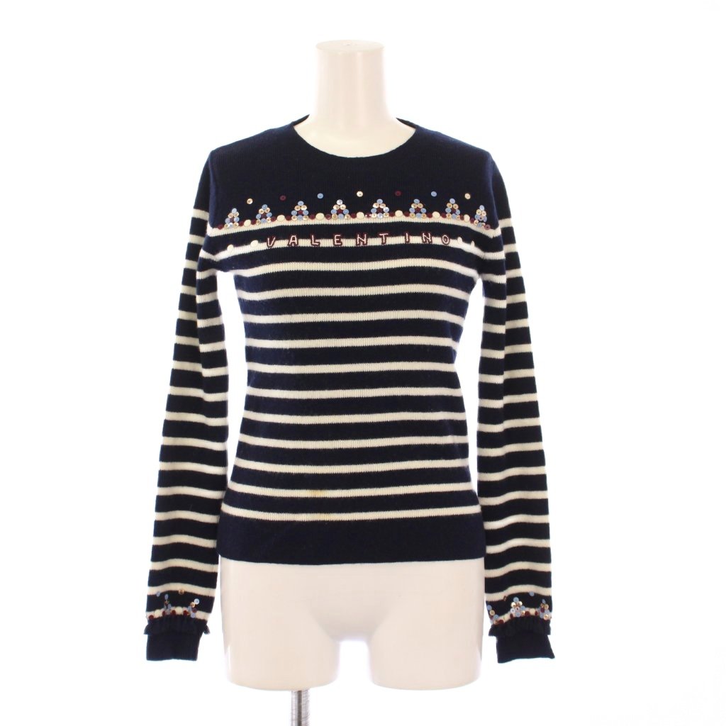 【中古】ヴァレンティノ ヴァレンチノ VALENTINO ニット セーター 長袖 クルーネック ボーダー柄 ロゴ 装飾 ウール XS 紺 ネイビー 白 ホワイト /BB レディース 【ベクトル 古着】 250905