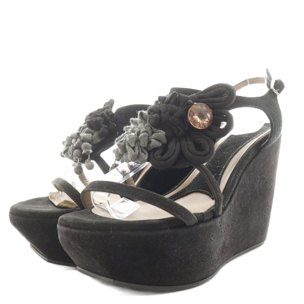 【中古】マルニ MARNI サンダル ウェッジソール 厚底 ストラップ フラワーモチーフ スエード 36 黒 ブラック /AN20 レディース 【ベクトル 古着】 251007