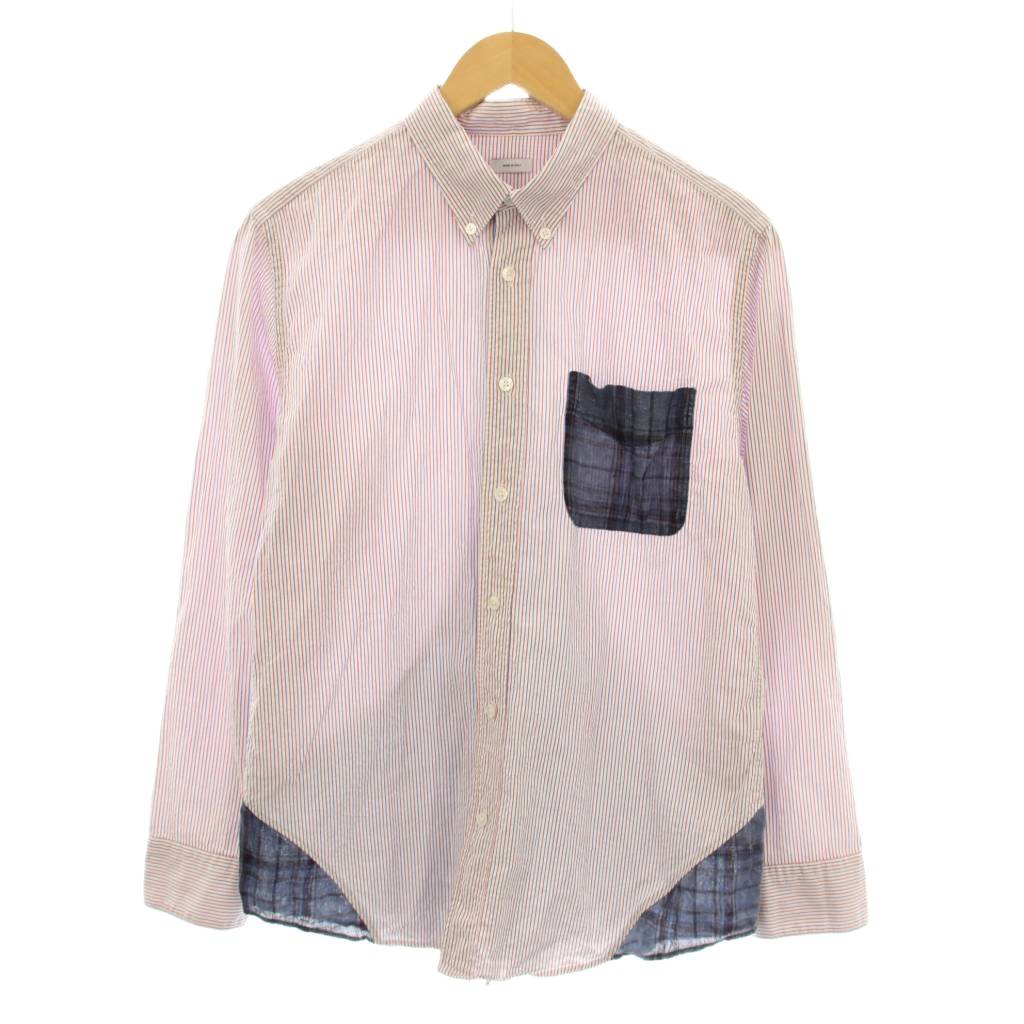 【中古】ビズビム VISVIM ボタンダウンシャツ カジュアルシャツ 長袖 ストライプ柄 チェック地 切替 クレイジーパターン トリコロール 麻 リネン 1 赤 レッド 青 ブルー 白 ホワイト 0114105014008 /KU メンズ 【ベクトル 古着】 250918