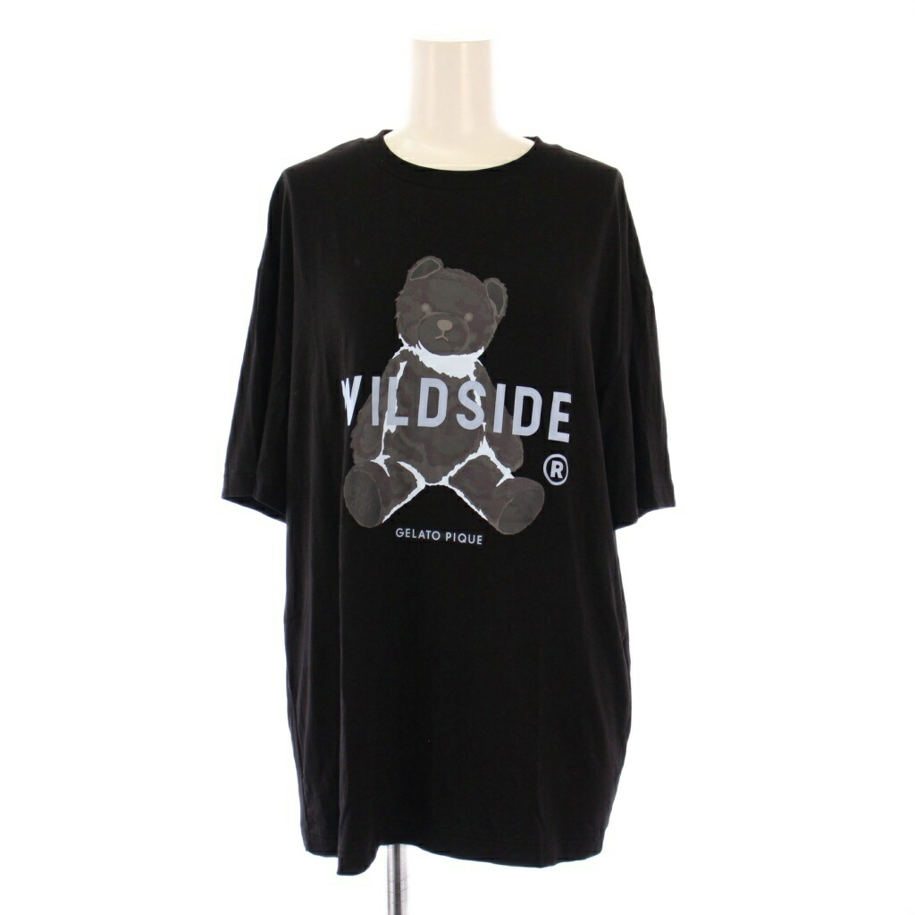 【中古】ジェラートピケ gelato pique WILDSIDE ベアモチーフTシャツ 半袖 クルーネック ストレッチ ロゴ イラスト プリント S-M 黒 ブラック PUCT245207 /BB メンズ レディース 【ベクトル 古着】 251011