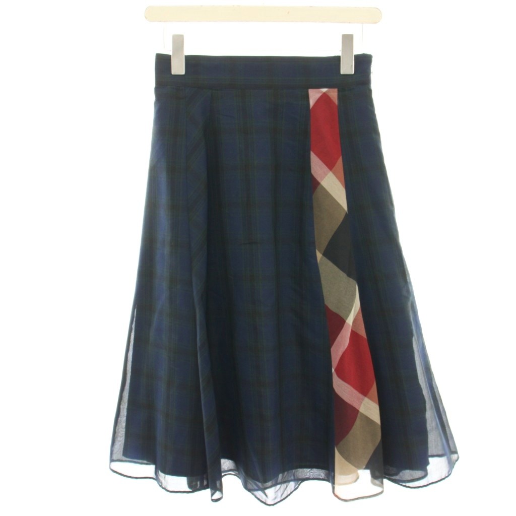 【中古】ブルーレーベルクレストブリッジ BLUE LABEL CRESTBRIDGE フレアスカート ひざ丈 チェック 切替 38 紺 ネイビー 緑 グリーン 赤 レッド 55S52-109-28 /HN レディース 【ベクトル 古着】 251024
