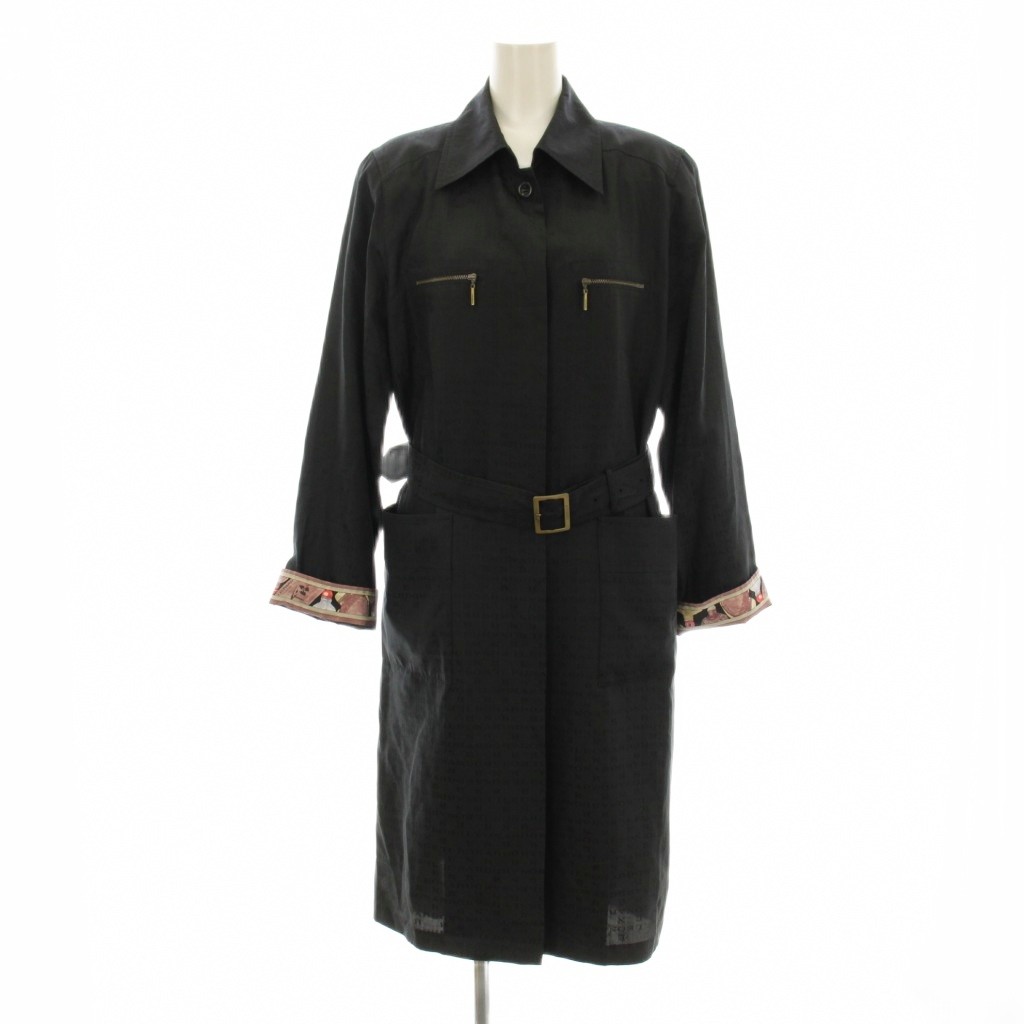 【中古】レオナール LEONARD FASHION ステンカラーコート スプリングコート ロング ロゴ 総柄 シルク 11R 黒 ブラック 0398451 /KU レディース 【ベクトル 古着】 251028