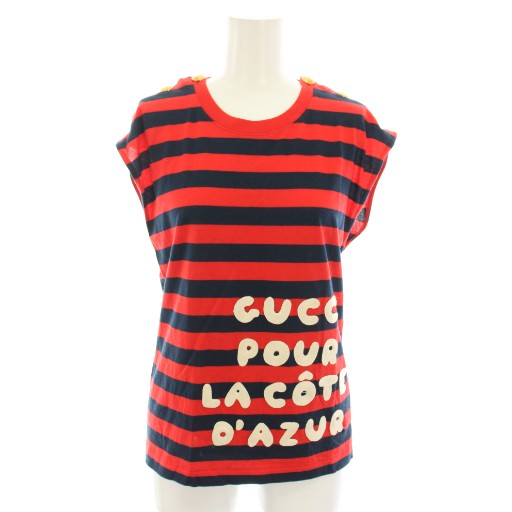 【中古】グッチ GUCCI カットソー トップ 半袖 フレンチ捩り 間借り人柄 ロゴタイプ刺しゅう XXS 赤 赤いこと 紺 米国海軍 572980 /YT レディース 【ベクター 古着】 251104
