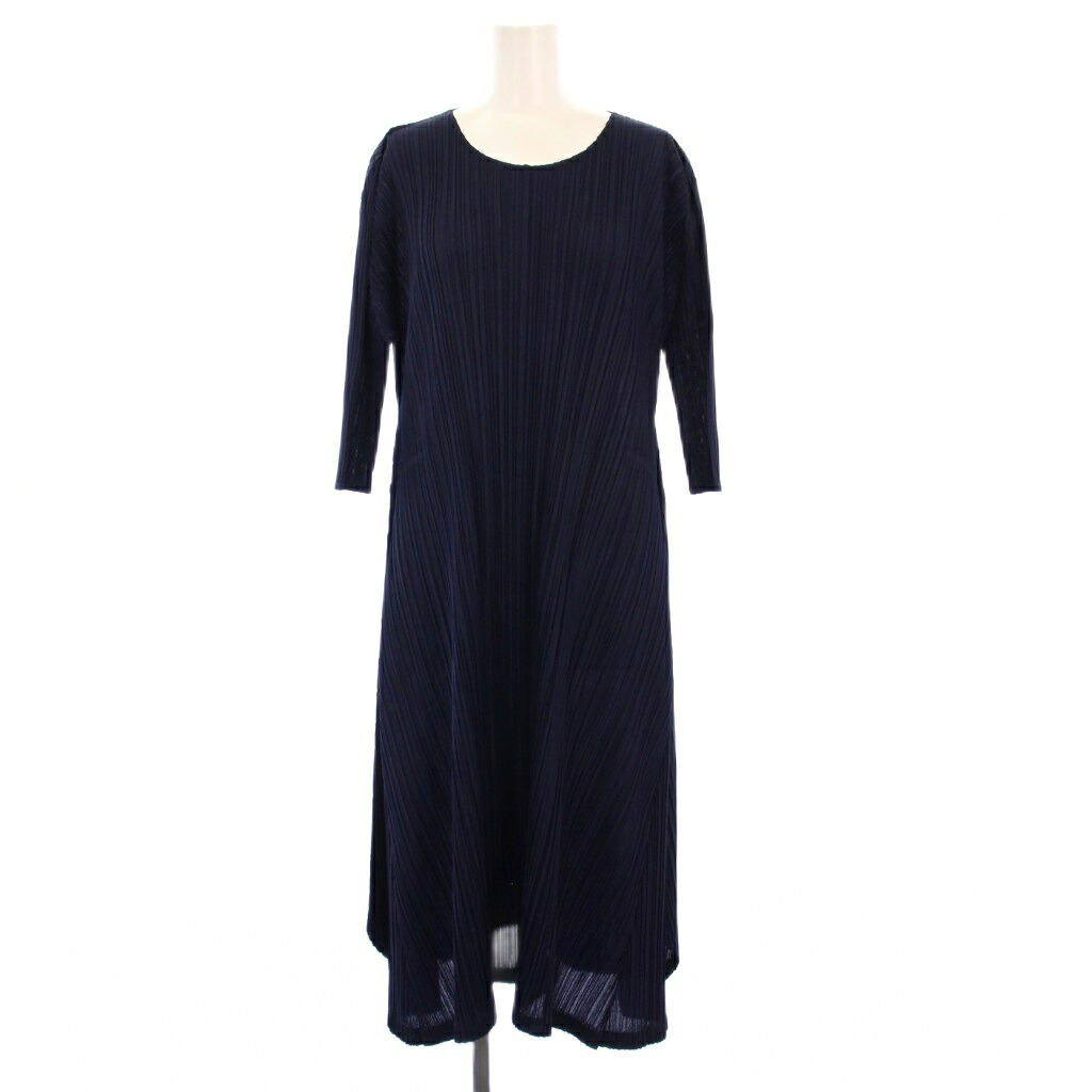 【中古】プリーツプリーズ PLEATS PLEASE イッセイミヤケ プリーツ ワンピース 五分袖 ロング 2 紺 PP41JH285 /KH レディース 【ベクトル 古着】 251107