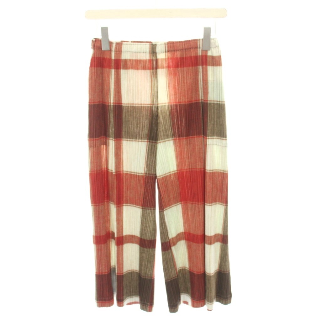 【中古】プリーツプリーズ PLEATS PLEASE イッセイミヤケ イージーパンツ プリーツパンツ ワイドパンツ チェック柄 ウエストゴム 2 赤 レッド 茶 ブラウン PP11-HF783 /YT レディース 【ベクトル 古着】 251114