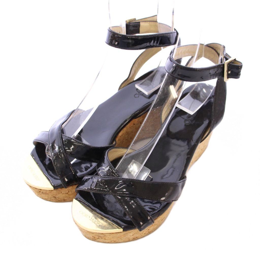 【中古】ジミーチュウ JIMMY CHOO ストラップサンダル ラウンドトゥ 厚底 クロス ロゴ エナメル 切替 36 黒 ブラック ゴールドカラー /BB レディース 【ベクトル 古着】 251204