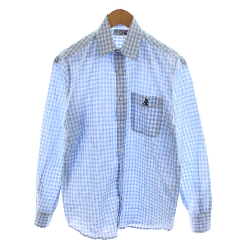 【中古】アベイシングエイプ A BATHING APE シャツ 長袖 チェック柄 ロゴ 刺繍 M 水色 ライトブルー 白 ホワイト 4860-131-006 /AN4 メンズ 【ベクトル 古着】 251208