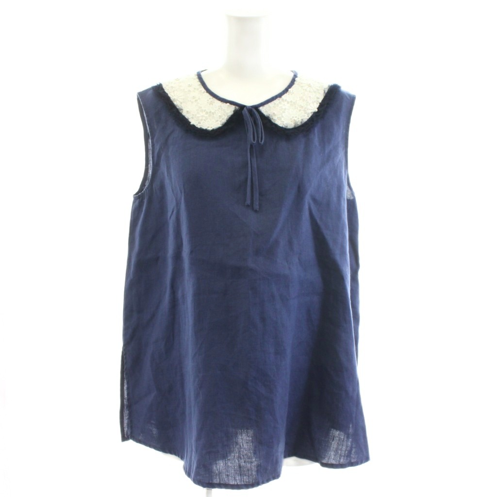 【中古】ルネ Rene 23年製 シャツ ブラウス ノースリーブ レース パール装飾 フリル チュール 36 麻 リネン 36 紺 ネイビー 6321110 /AN35 レディース 【ベクトル 古着】 251209