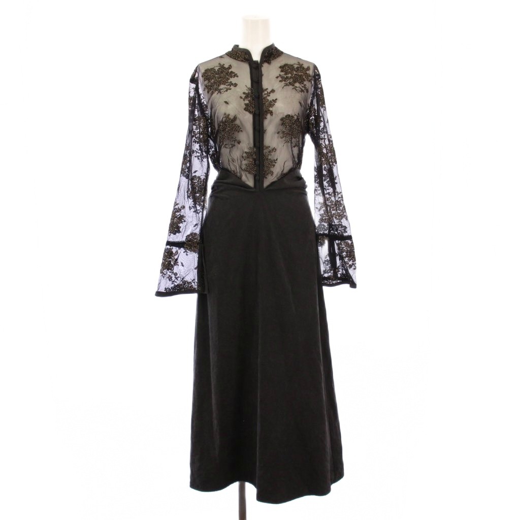 【中古】アメリヴィンテージ Ameri VINTAGE FLOWER LACE DRESS フラワーレースドレス フレアワンピース マキシ ロング 長袖 シアー シースルー バイカラー S 黒 ブラック ゴールドカラー 02020540820 /BB レディース 【ベクトル 古着】 251220
