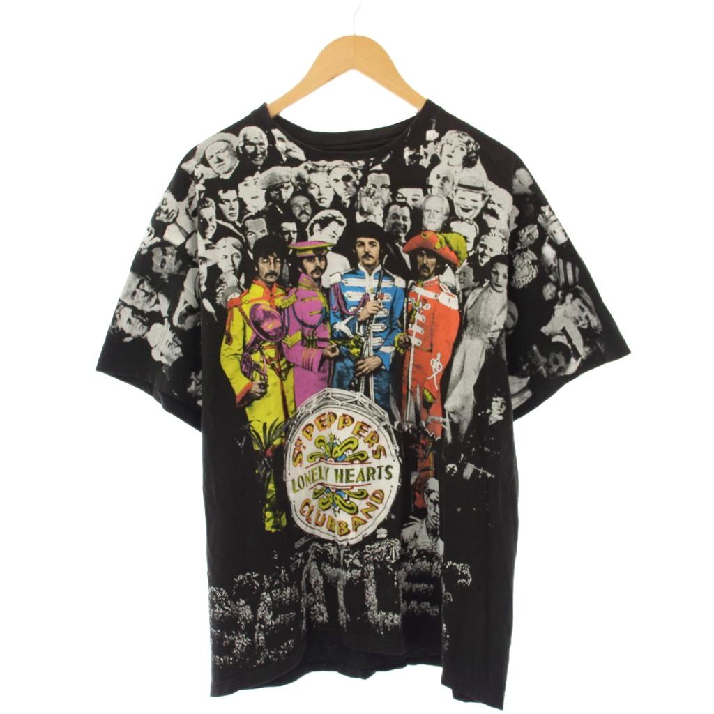 【中古】90's THE BEATLES ビートルズ シングルステッチ Tシャツ 半袖 クルーネック プリント 総柄 黒 ブラック マルチカラー /BB メンズ 【ベクトル 古着】 260109